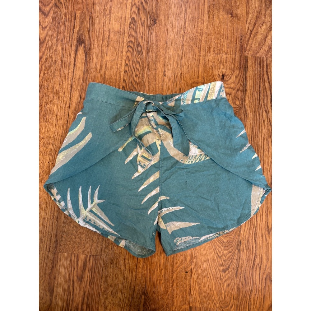 Patagonia Island Hemp Paperbag Shorts Teal Green Tropical Palm Leaf Print Small